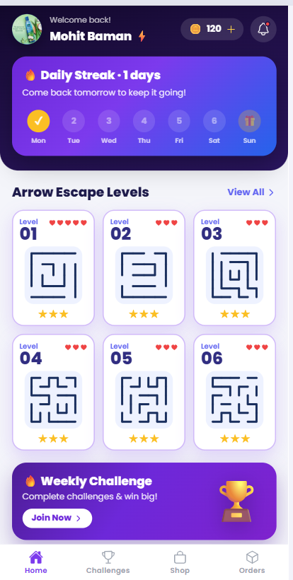 Vortexa Play app — Arrow Escape home screen